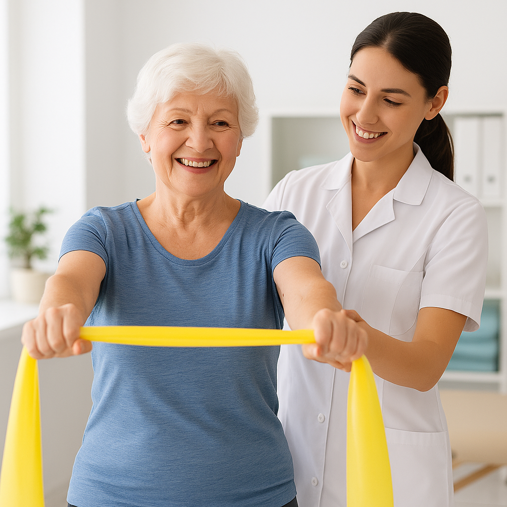 Atendimento humanizado de fisioterapia para terceira idade — idosa sorrindo ao lado de fisioterapeuta.