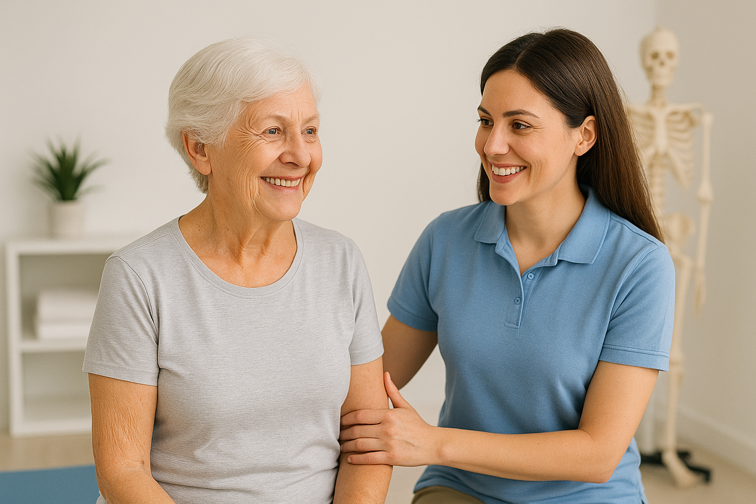 Atendimento humanizado de fisioterapia para terceira idade — idosa sorrindo ao lado de fisioterapeuta.